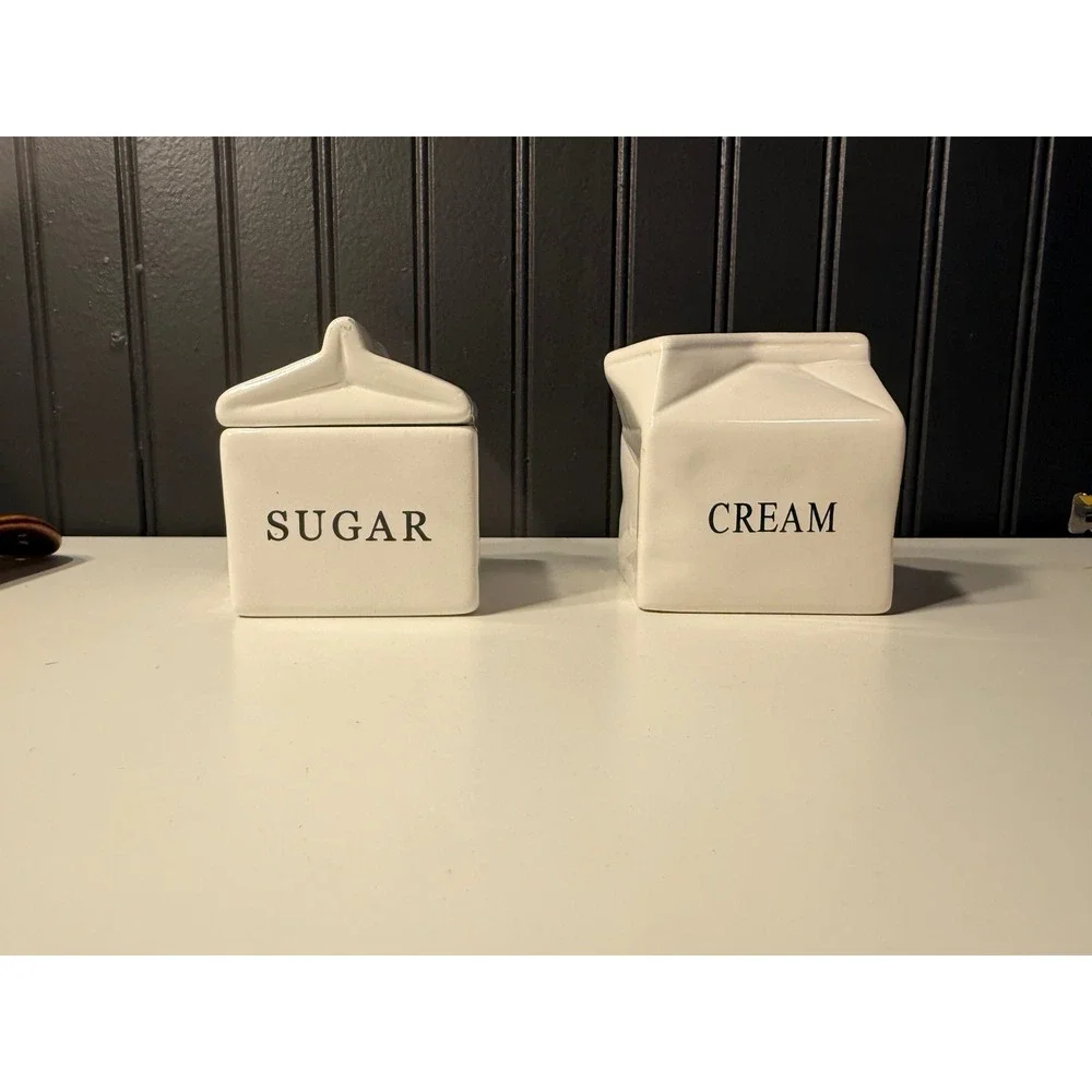 World Market White Ceramic Milk Carton Sugar and Creamer Set Stoneware